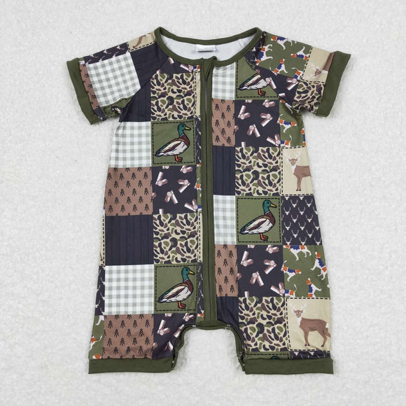 Deer Duck Plaid Green Boys Summer Romper