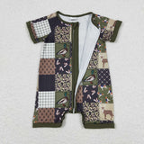 Deer Duck Plaid Green Boys Summer Romper