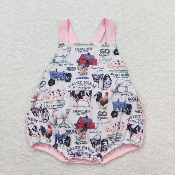 Dairy Farm Animals Pink Ruffles Girls Summer Romper