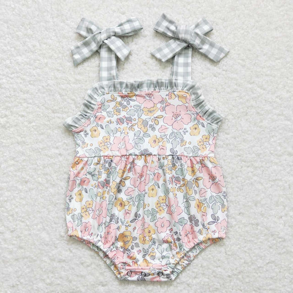 Floral Green Plaid Ruffles Girls Summer Romper