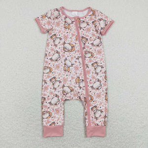 Floral Cow Print Pink Girls Summer Romper