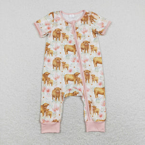 Floral Cows Print Pink Girls Summer Romper