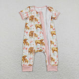 Floral Cows Print Pink Girls Summer Romper