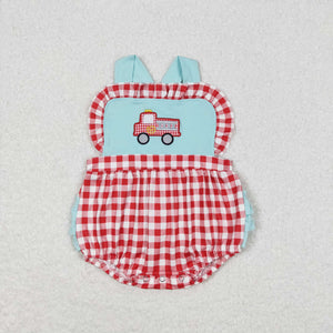 Fire Fighting Truck Red Plaid Ruffles Blue Girls Summer Romper