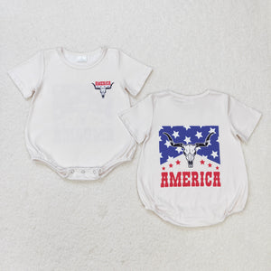 America Highland Cow Beige Boys 4th of July Romper