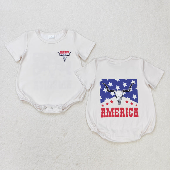 America Highland Cow Beige Boys 4th of July Romper