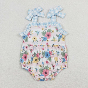 Floral Blue Plaid Ruffles Girls Summer Romper