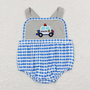 Police Blue Plaid Gray Boys Summer Romper