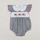 Flag White Black Plaid Girls 4th of July Romper