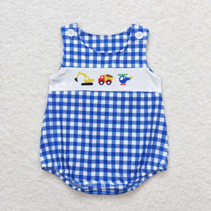 Construction Truck Blue Plaid Boys Summer Romper