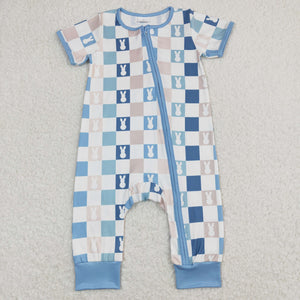 Bunny Plaid Blue Boys Easter Romper