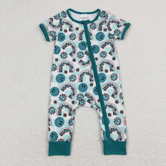 Smile Rainbow Plaid Green Girls Summer Romper