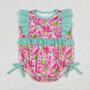 Pink Floral Green Ruffles Girls Summer Romper