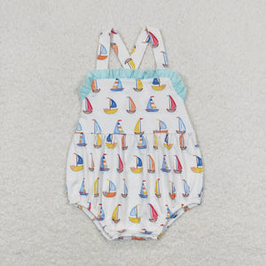 Sailboat Blue Ruffles White Girls Summer Romper