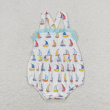 Sailboat Blue Ruffles White Girls Summer Romper