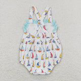 Sailboat Blue Ruffles White Girls Summer Romper