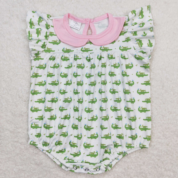 Crocodile Pink Doll Collar White Girls Summer Romper