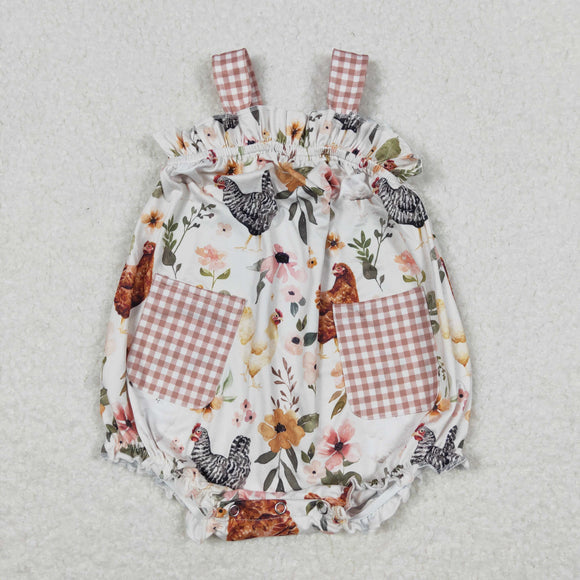 Chicken Floral Plaid Pocket Girls Summer Romper