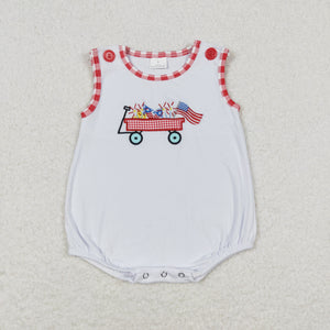 Flag Firework Trolley Red Plaid White Boys 4th of July Romper