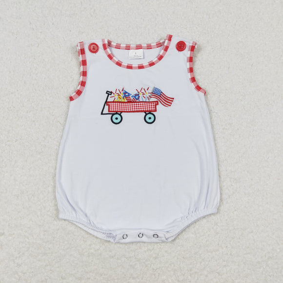 Flag Firework Trolley Red Plaid White Boys 4th of July Romper