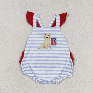 Flag Dog Stripe Girls 4th of July Romper