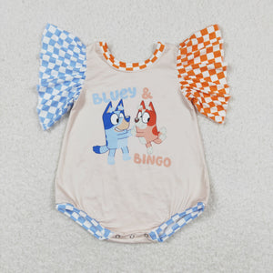 Cartoon Dogs Blue Orange Plaid Beige Girls Summer Romper