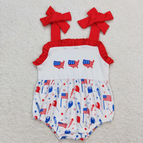 Firework Stars Balloon White Red Girls 4th of July Romper