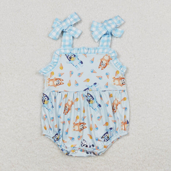 Cartoon Dogs Ice Cream Blue Girls Summer Romper