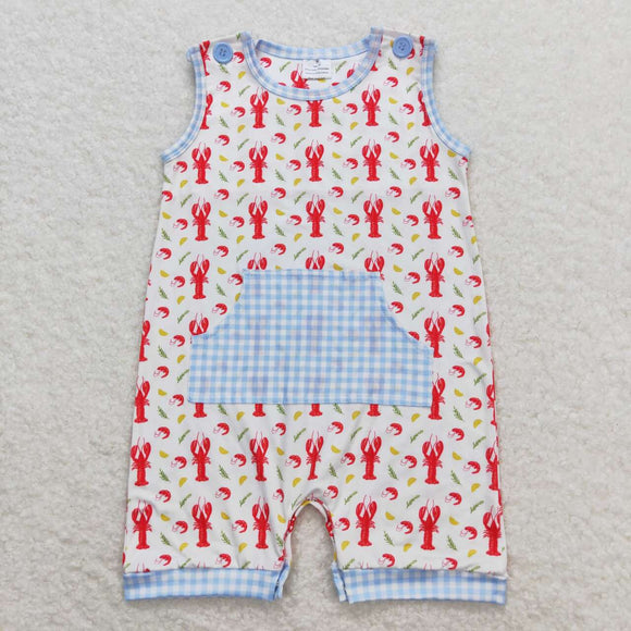 Crawfish Blue Plaid Pocket Boys Summer Romper