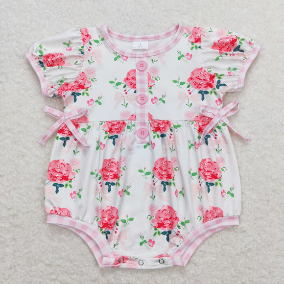 Floral Pink Plaid Bows Girls Summer Romper