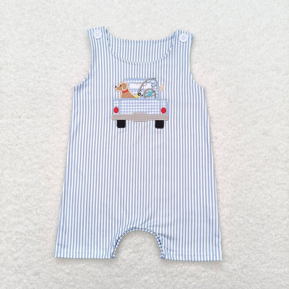 Dog Truck Fishing Blue Stripe Boys Summer Romper