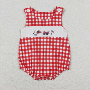 Fire Fighting Truck Plaid Red Boys Summer Romper