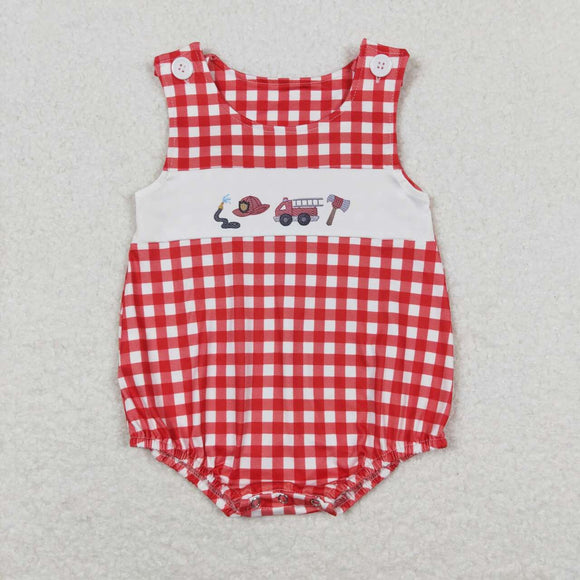 Fire Fighting Truck Plaid Red Boys Summer Romper