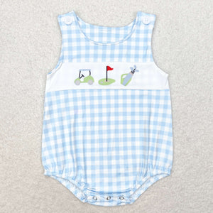 Golf Cart Blue Plaid Boys Summer Romper