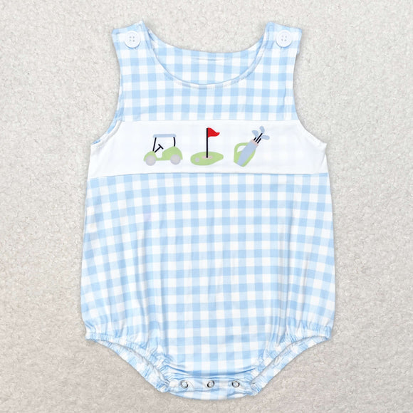 Golf Cart Blue Plaid Boys Summer Romper