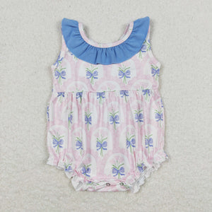 Pink Floral Blue Ruffles Girls Summer Romper