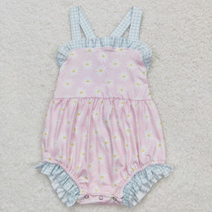 Floral Plaid Ruffles Pink Girls Summer Romper