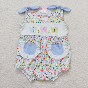 Butterfly Floral Pockets Blue Bows Girls Summer Romper