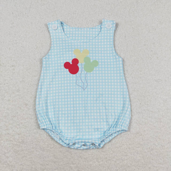 Cartoon Balloon Blue Plaid Boys Summer Romper