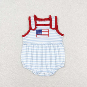 Flag Blue Stripe Red Ruffles Girls 4th of July Romper