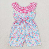 Floral Hot Pink Plaid Ruffles Pockets Girls Jumpsuit