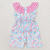 Floral Hot Pink Plaid Ruffles Pockets Girls Jumpsuit