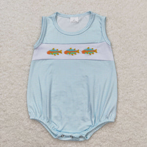 Fish Sky Blue Plaid Boys Summer Romper