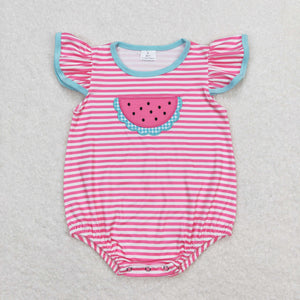 Watermelon Pink Stripe Blue Girls Summer Romper