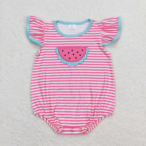 Watermelon Pink Stripe Blue Girls Summer Romper