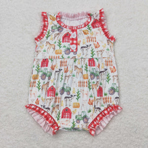 Farm Animals Red Plaid Ruffles Girls Summer Romper