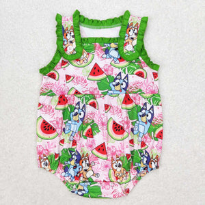 Cartoon Dogs Watermelon Green Ruffles Girls Summer Romper