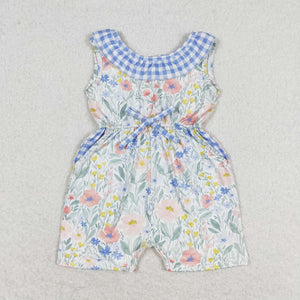 Floral Blue Plaid Ruffles Pockets Girls Jumpsuit