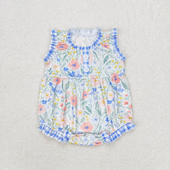 Floral Blue Plaid Girls Summer Romper