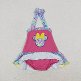 Cartoon Starfish Yellow Bow Hot Pink Girls Summer Romper